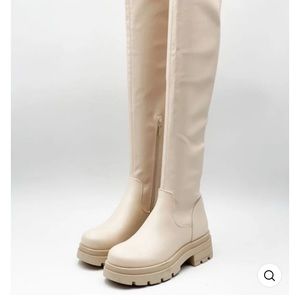 Bone thigh high faux leather combat boots